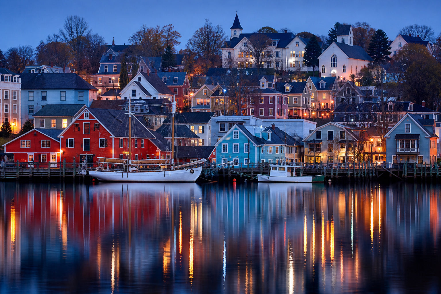 Colourful East Coast harbour at blue hour