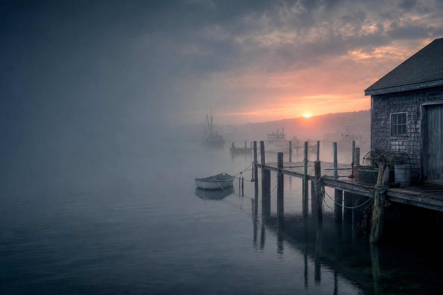 Fog over a quiet Nova Scotia harbour at dawn