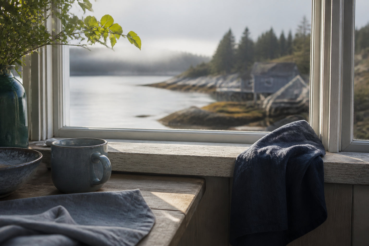 Morning light through a kitchen window overlooking the coast